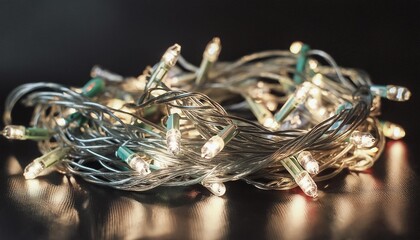 christmas lights garland with small led lamps shining on black background