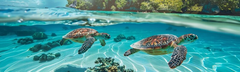 Two turtles swimming in the clear water, animal background, travel background 