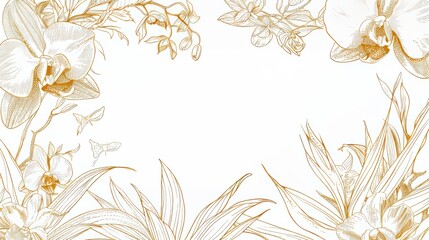 Orchids floral, luxury botanical on white background vector, empty space in the middle to leave room for text or logo, gold line wallpaper, leaves, flower, foliage, hand drawn 