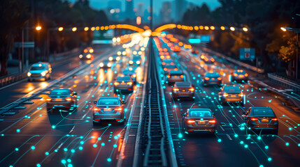 Obraz premium Sustainable Climate , A futuristic highway where electric and solar-powered cars replace traditional vehicles reducing carbon emissions . Green energy, Air pollution, Innovative Transportation 