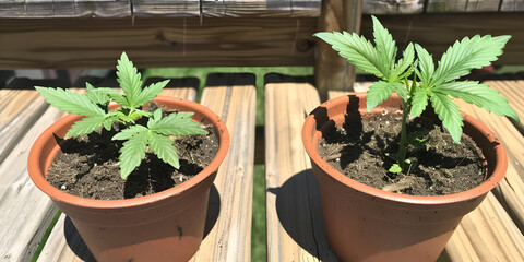 Cannabis plants growing in pot on light gray background,
