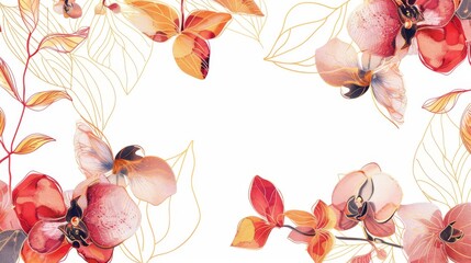 Orchids floral, luxury botanical on white background vector, empty space in the middle to leave room for text or logo, gold line wallpaper, leaves, flower, foliage, hand drawn 