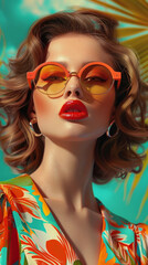 Fototapeta premium Retro style pastel colors summer background. Fashion woman wearing big sunglasses.