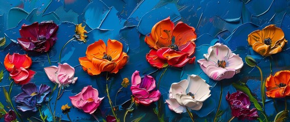 abstract painting of colorful poppy flowers on a dark blue background