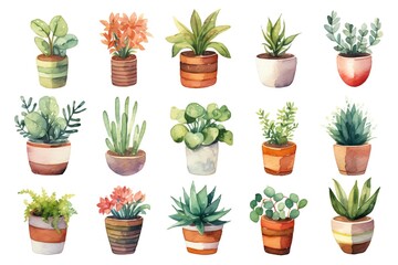 Obraz premium watercolor illustration with grungy texture, spring flower pot blossom, collection set isolated on white background, idea for junk journal or scrapbook design,