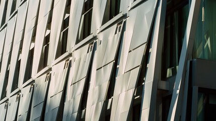 Obraz premium Close-up of modern facade paneling, sharp geometric details, no humans, midday sun, cutting-edge design.