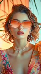 Obraz premium Retro style pastel colors summer background. Fashion woman wearing big sunglasses.