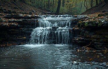 Fototapeta premium Waterfall cascading through lush forest in serene national park, surrounded by vibrant wildlife and scenic trails