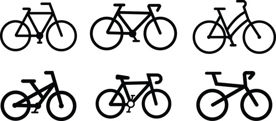 bicycle icons set isolated on transparent background. Modern and editable bicycle with pedal black flat and line vector collection. Sport, travel, cycling, race, symbol for website and mobile app.