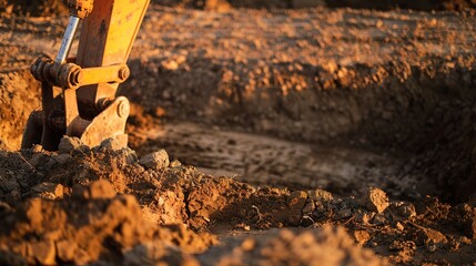 Fototapeta premium Detailed close-up of a construction site's excavated earth, no footprints, dusk light, quiet, groundwork.