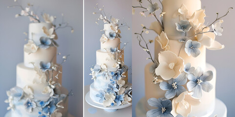 a collage of three photos showcasing a white wedding cake with blue flowers as the centerpiece, placed on a table.