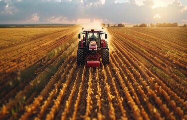 Obraz premium Above view captures agricultural machinery in fields, demonstrating planting techniques through aerial footage