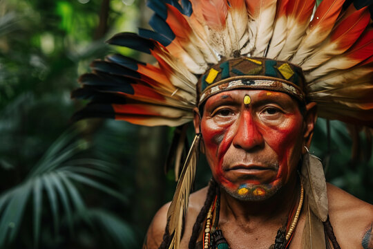 Portrait of an indigenous Amazonian, an, in traditional coloring and colored feathers.