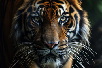 Portrait of a tiger's face on a dark background.