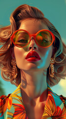Fototapeta premium Retro style pastel colors summer background. Fashion woman wearing big sunglasses.