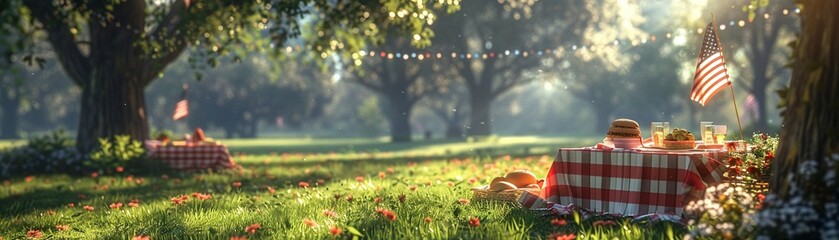 A joyful family picnic in a sunny park, with American flags and patriotic decorations celebrating freedom, Realistic, High Detail, Daytime 8K , high-resolution, ultra HD,up32K HD