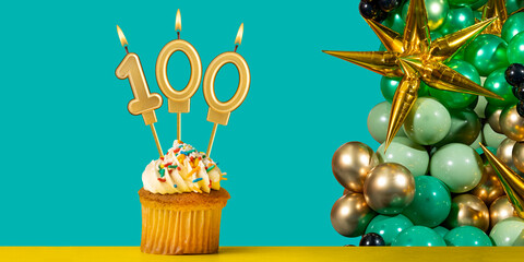 Birthday card number 100 - Cupcake with balloons