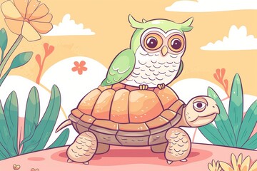 Happy Owl riding turtle