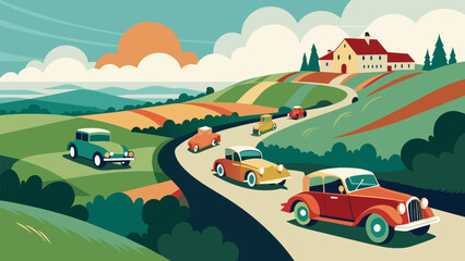 Fototapeta premium A procession of historic automobiles driven by proud owners and showcasing their meticulous restorations winding through a scenic countryside.. Vector illustration