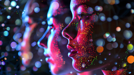 Faces with projections of genomic sequences reflecting individual genetic information. close-up, dark background. dna, analysis, research.