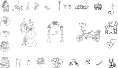 Hand Drawn Wedding & Marriage Icons Set.Full Color Sketched Illustrations Collection in Black & White