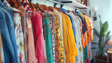 A vibrant display of shirts in various colors hangs on a rack in a clothing store