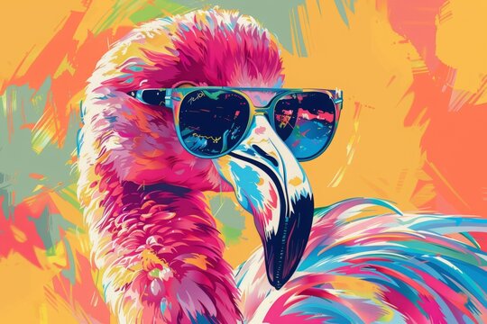 Abstract colorful illustration of flamingo with sunglasses. AI generative art