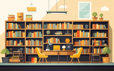 A library with a large wooden bookshelf filled with books, a desk, two chairs, a ladder, and a potted plant. The library is decorated with a few paintings and a globe.