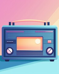 A blue retro radio with a yellow dial and an orange button sits on a table against a pink and blue background.