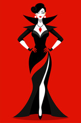 Vector illustration of an elegant woman combining sophisticated red and black tones with an ethereal aesthetic.