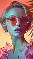 Fototapeta premium Retro style pastel colors summer background. Fashion woman wearing big sunglasses.