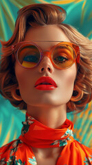 Obraz premium Retro style pastel colors summer background. Fashion woman wearing big sunglasses.