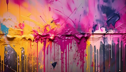 part of colorful wall with graffiti spray strokes pink purple yellow color splash flows streaks of paint and paint sprays