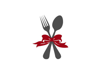 Vector illustration of a spoon and fork with a knitted red bow