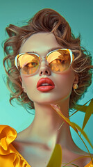 Fototapeta premium Retro style pastel colors summer background. Fashion woman wearing big sunglasses.
