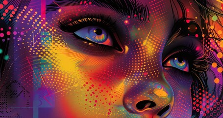 A colorful painting of a woman's face with blue eyes