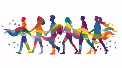 Obraz premium 15. Diverse LGBTQ+ friends walking hand-in-hand, with vibrant rainbow banners and a festive mood, white background, full color