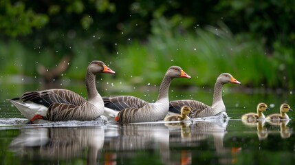 A family of greylag geese gliding gracefully across a tranquil pond - Powered by Adobe