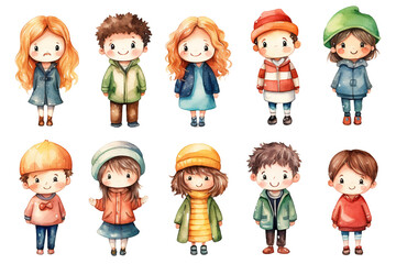 boys and girls wearing winter attire watercolor cartoon clipart illustration PNG isolated transparent background collection set