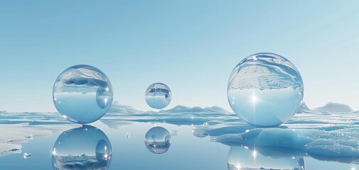 Crystal clear spheres reflecting light on a calm water surface under a bright blue sky, representing purity, serenity, and balance.

