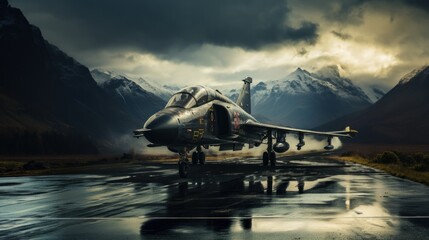 A fighter jet is poised on a wet runway against a backdrop of stormy mountain scenery