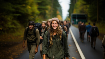 Fototapeta premium Confident young woman leading a group of backpackers on a forested road, symbolizing adventure and leadership