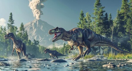 Realistic depiction of dinosaurs in a prehistoric landscape with mountains and forests, showcasing the Mesozoic era and wildlife.

