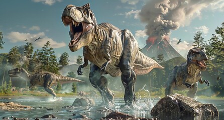 Fototapeta premium Realistic depiction of dinosaurs in a prehistoric landscape with mountains and forests, showcasing the Mesozoic era and wildlife.