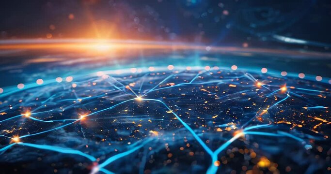 Abstract Earth encased in a network of glowing lines, indicating smart grids enhancing energy efficiency and lowering emissions. Carbon footprint reduction technology