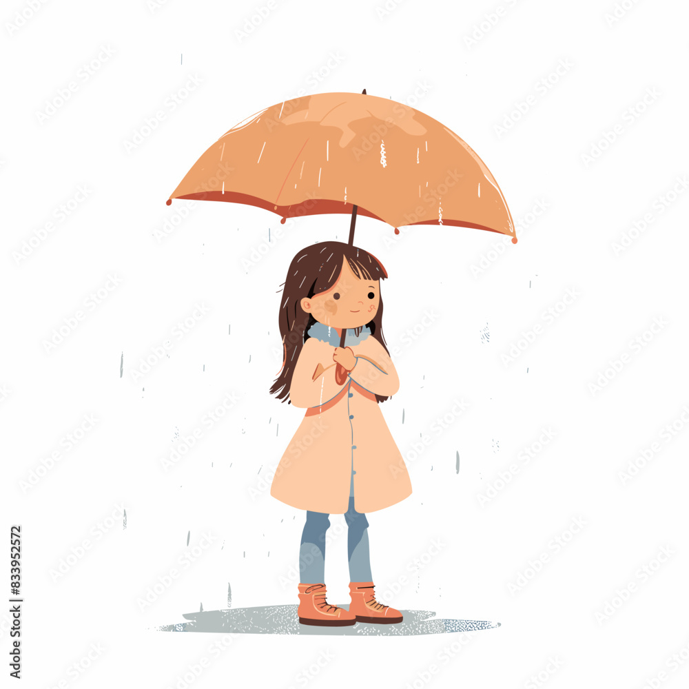 Wall mural vector little girl with an umbrella in the rain on a white background .generative ai