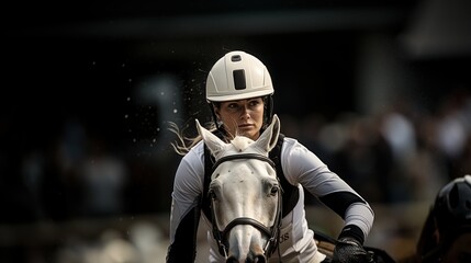 Naklejka premium A focused equestrian riding a white horse during a competition, conveying determination and skill