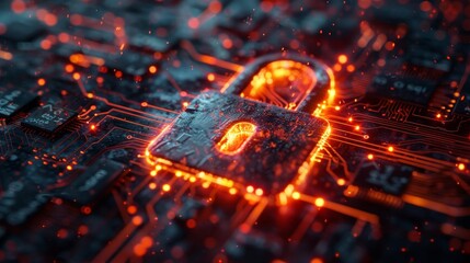 A computer chip with a glowing lock on it