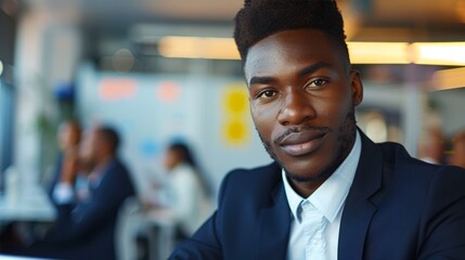 Confident black businessman in office portrait. Portrait of a confident and successful young Black businessman in a modern office setting, colleagues working in background.