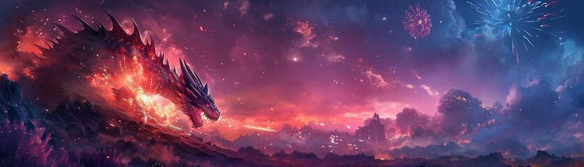 A fantasy world where dragons shoot fireworks into the sky to celebrate their version of July Fourth, mixing mythical elements with bright colors, Fantasy, Mythology, Dragons 8K , high-resolution, ult